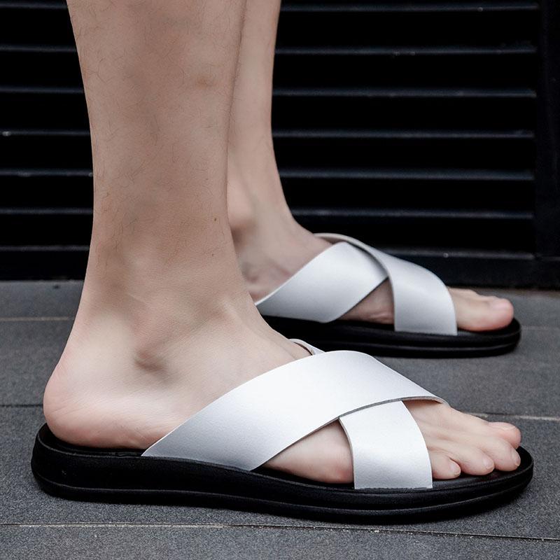 2024 Fashion Men Real Leather Slippers Summer New Black White/red/yellow Cross Over Slippers Men's Leisure Comfort Flat Sandals