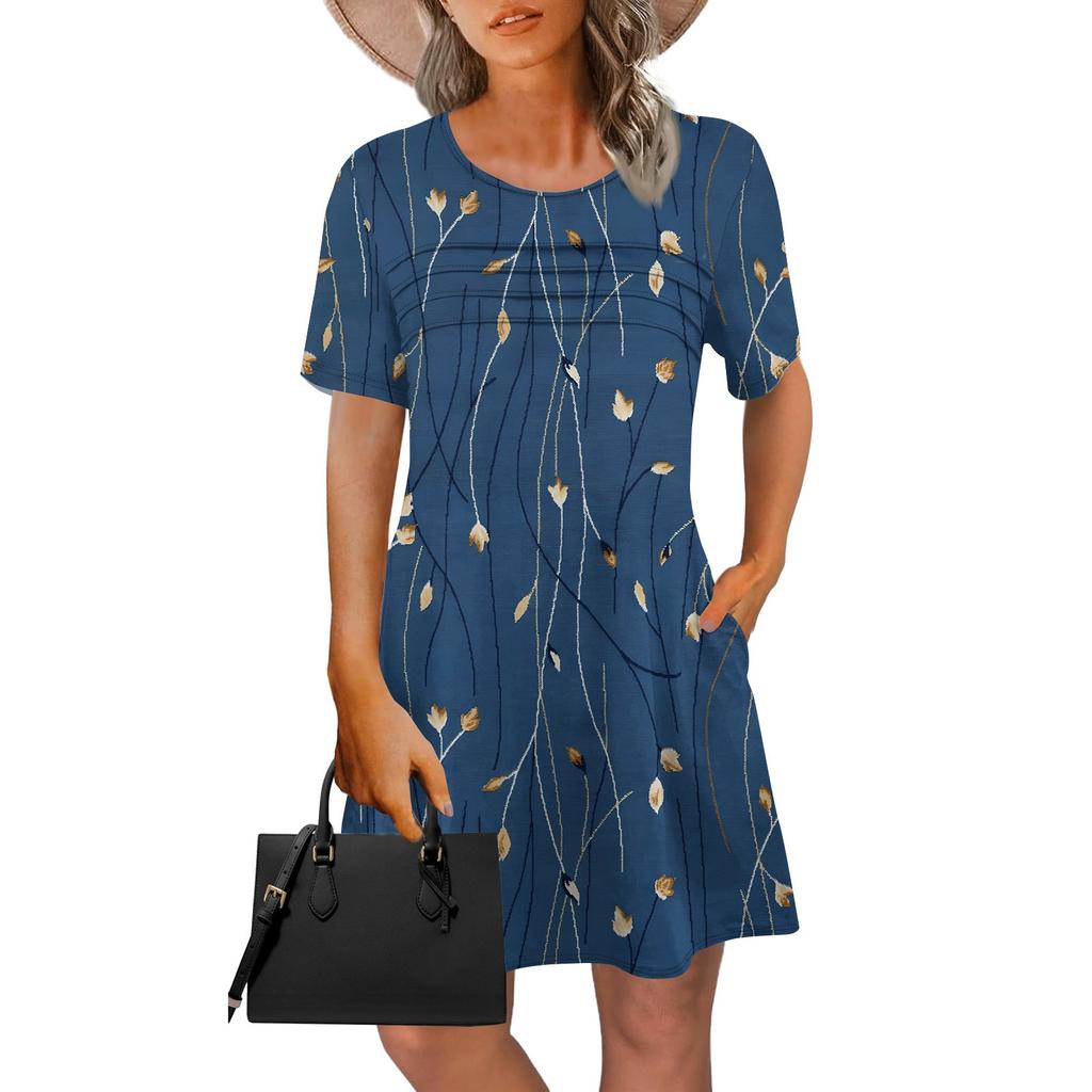 Женское летнее винтажное платье с цветочным принтом, повседневное платье с коротким рукавом и круглым карманом