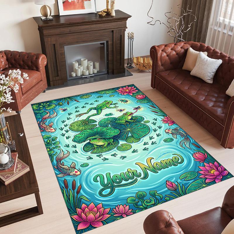 Frog Theme Crystal Velvet Floor Rug Personalized Custom Name Text Warm Carpet Home Decoration