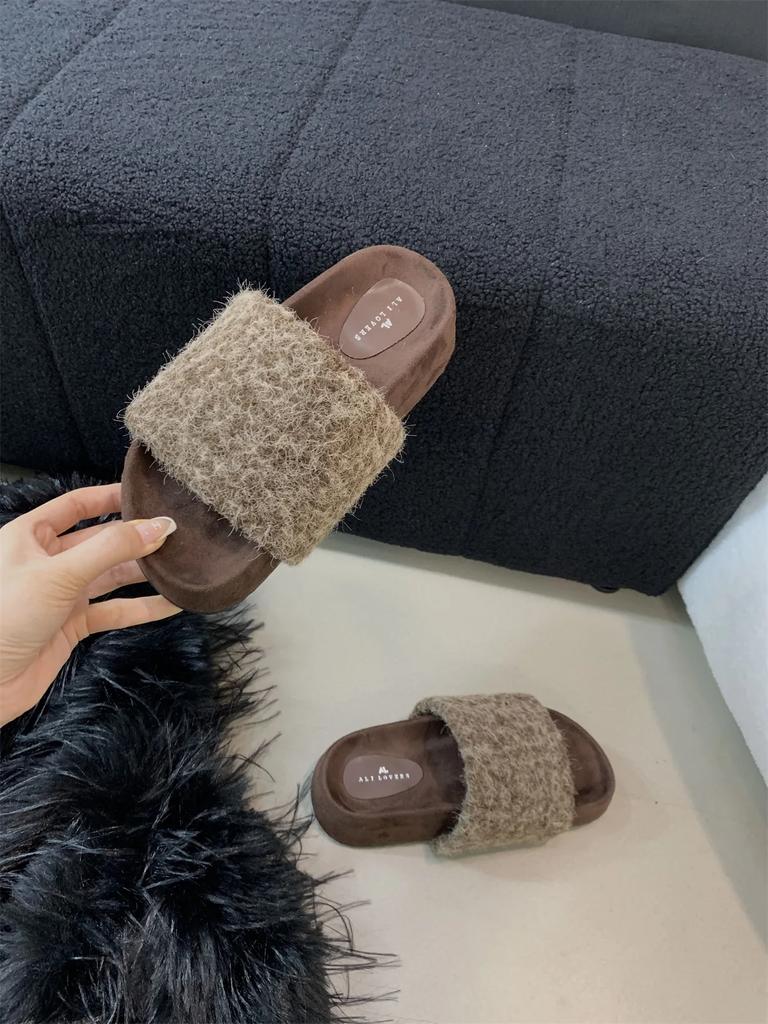 Меховые женские тапочки на платформе с плоскими каблуками, зимняя дизайнерская новая повседневная обувь для женщин 2024 года, модные домашние хлопковые тапочки, уютные, мягкие, Mujer Zapatos