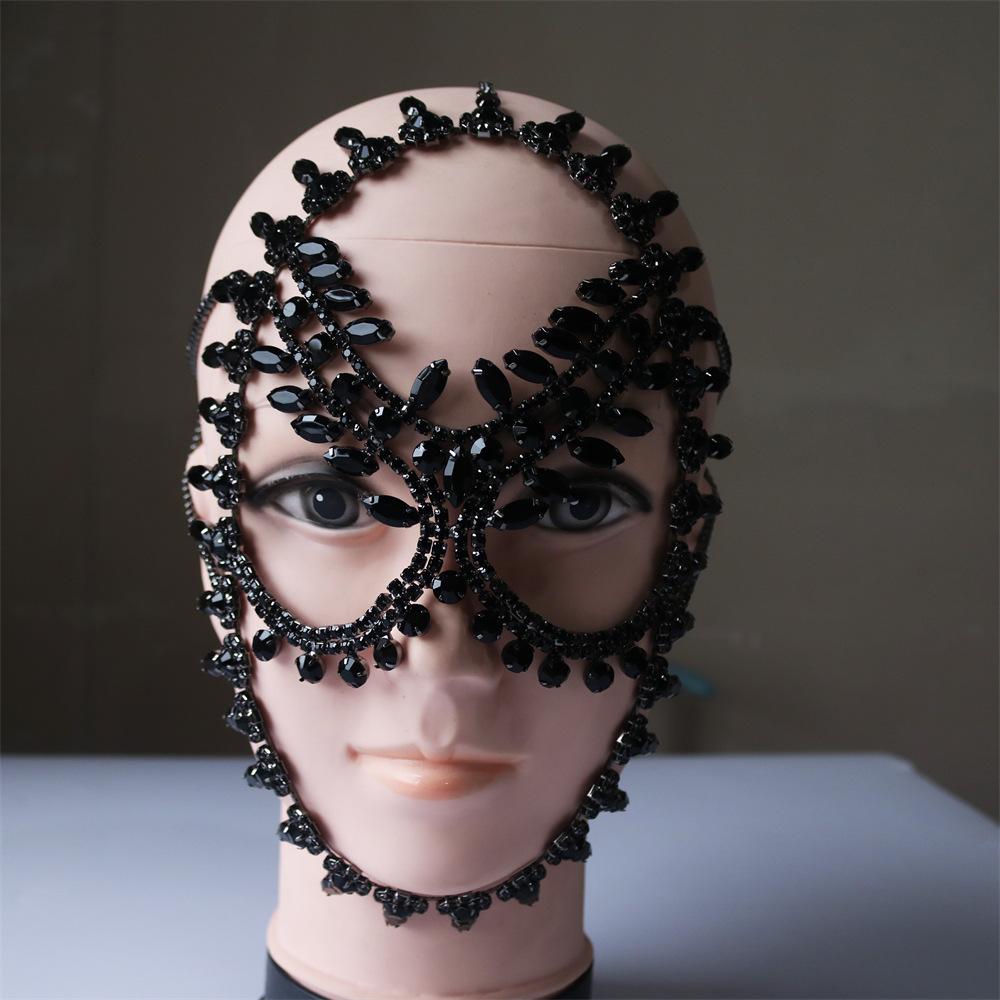 Luxury Rhinestone Makeup Ball Mask with Accessories Exaggerated Gun Black Water Diamond Mask