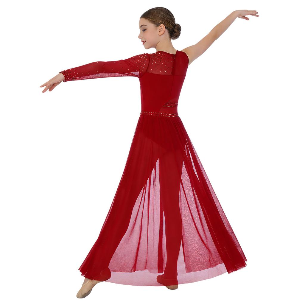 Kids Girls Dance Competition Dress: Color Block Patchwork Side Split Mesh with Shiny Rhinestones & Back Invisible Zipper for Lyrical Performance
