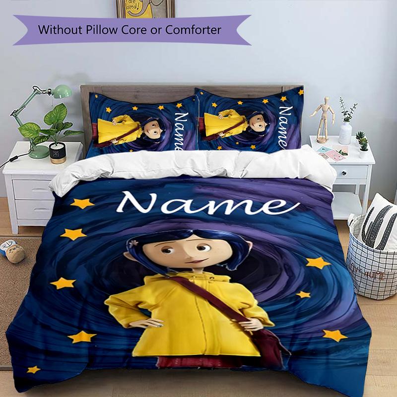 3pcs Coraline1 Cover Set - Personalized Name, HD Printed Bedding with 1 Cover and 2 Pillowcases - Perfect for Home Decor, Easy Care