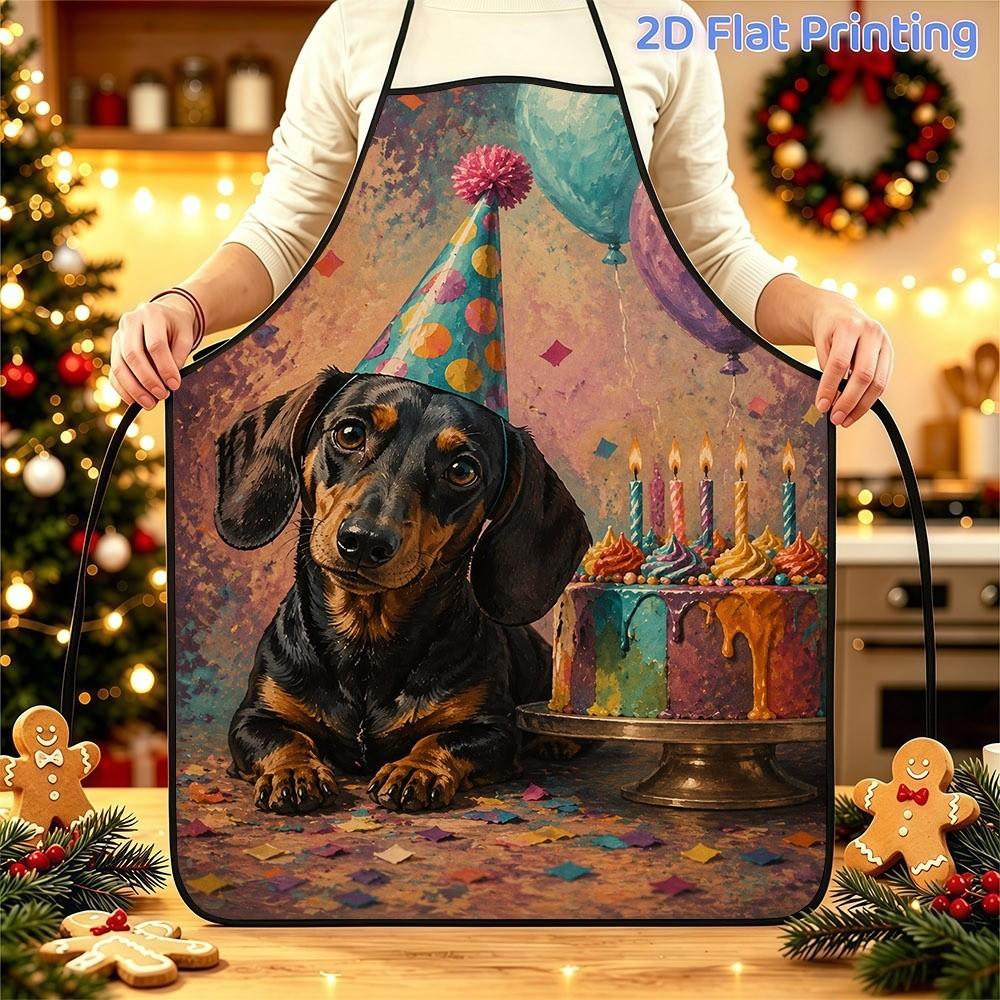 1pc 2D Flat Printed Kitchen Apron, Adorable Dachshund Dog with Polka Dot Party Hat & Dripping Rainbow Birthday Cake Pattern, Polyester Material with A