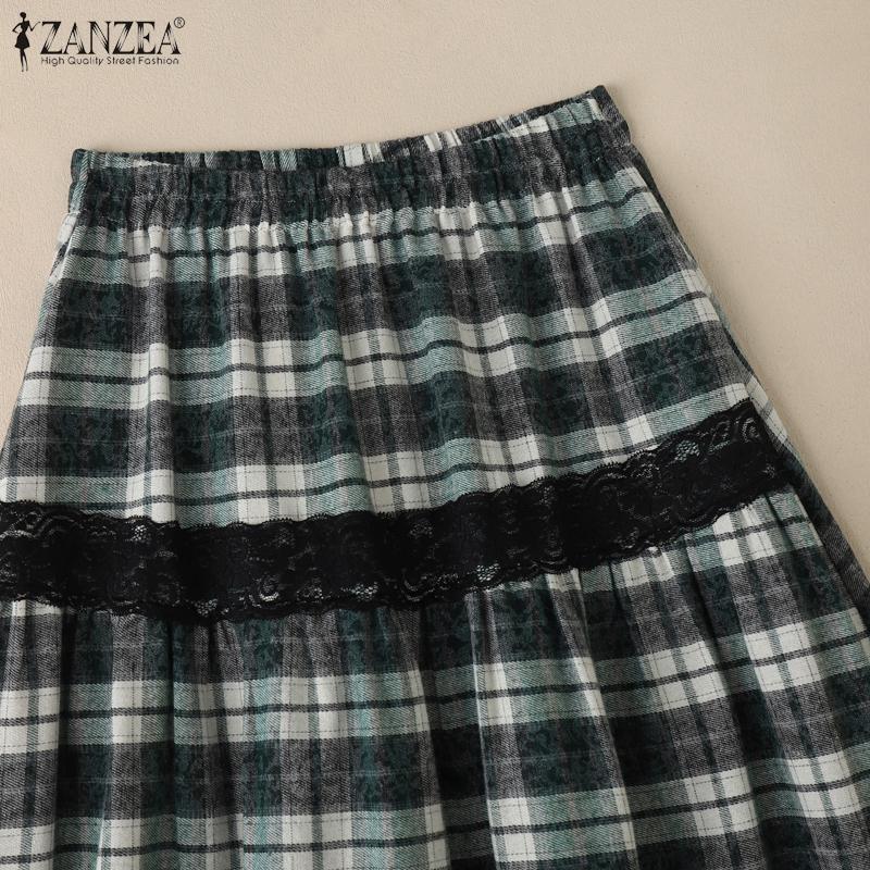 ZANZEA Womens Summer Casual Lace Splice Loose Plaid Long Skirts