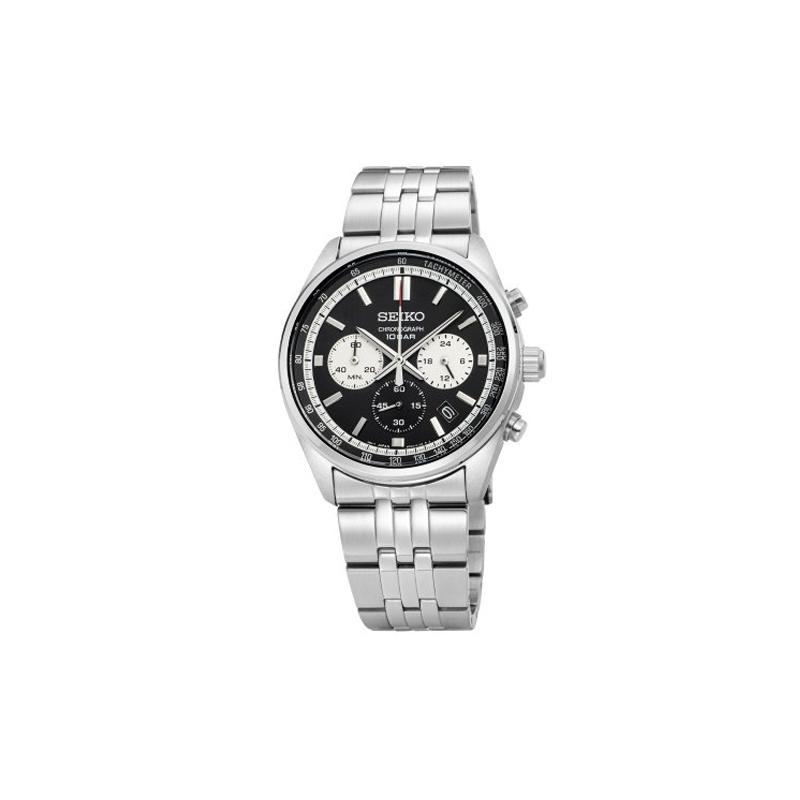 Seiko Водонепроницаемость 100 метров, аналоговые кварцевые, стальной ремешок, мужские часы, черный циферблат SSB429P1
