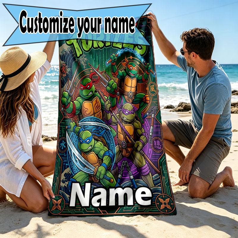 Custom Name Personalized Teenage Ninja Turtles Print Beach Towel, for Trip Camping Beach Party Home Decor, Birthday Gift for Family & Friends