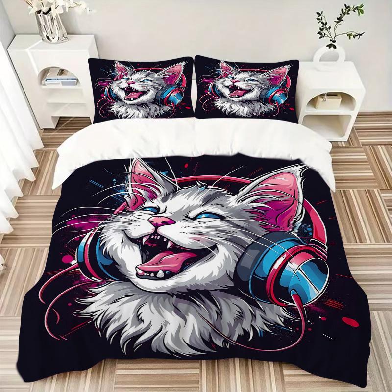 3pcs Cool Cat Headphones Bedding Set - 1 Soft Quilt Cover + 2 Pillowcases, Machine Washable - Suitable for All Seasons, Perfect Gift for Fam