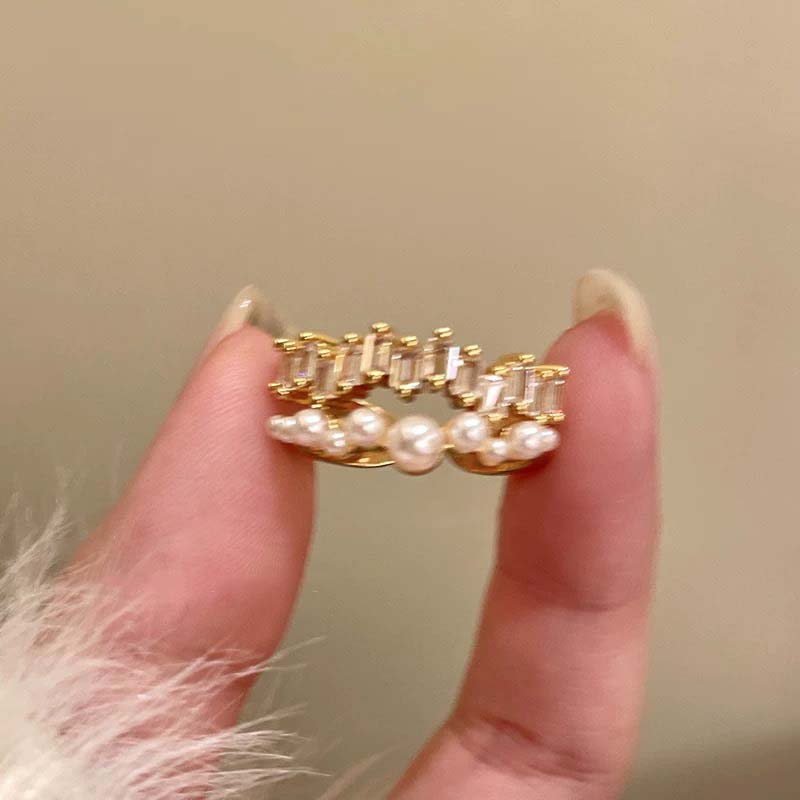 Модное кольцо-манжета с цепочкой из цинкового сплава цвета жемчуга для женщин, пар, простое металлическое двухслойное регулируемое кольцо, подарки невесте с цирконом