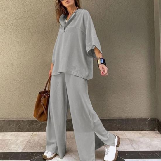 Женский костюм-двойка оверсайз 45720: пуловер с рукавом и брюки широкого кроя