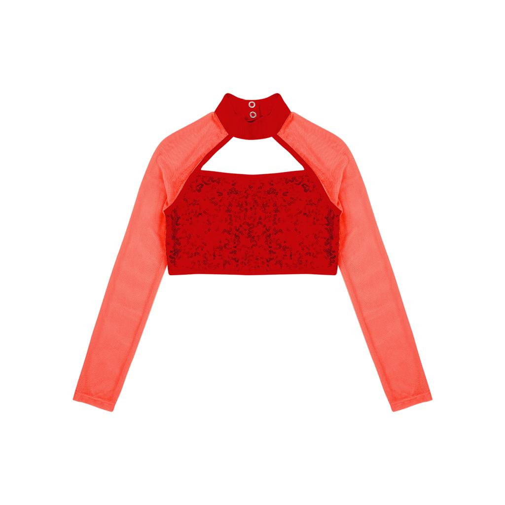 Детский кроп-топ с длинным рукавом, пайетками и сеткой для танцевальных выступлений