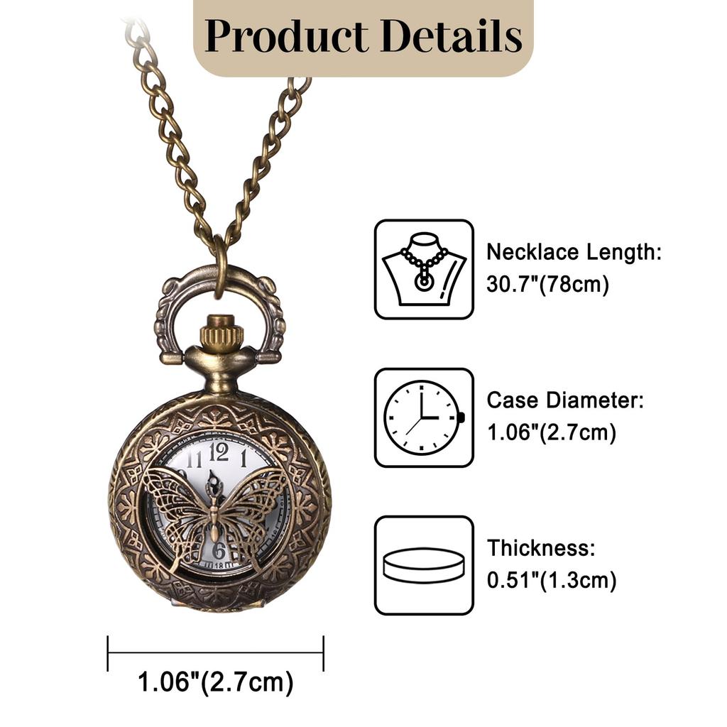 Pocket Watch Butterfly Analog Antique Pocket Watch Pendant Watch Necklace Chain Bronze Birthday Anniversary Christmas Valentine White Day Present
