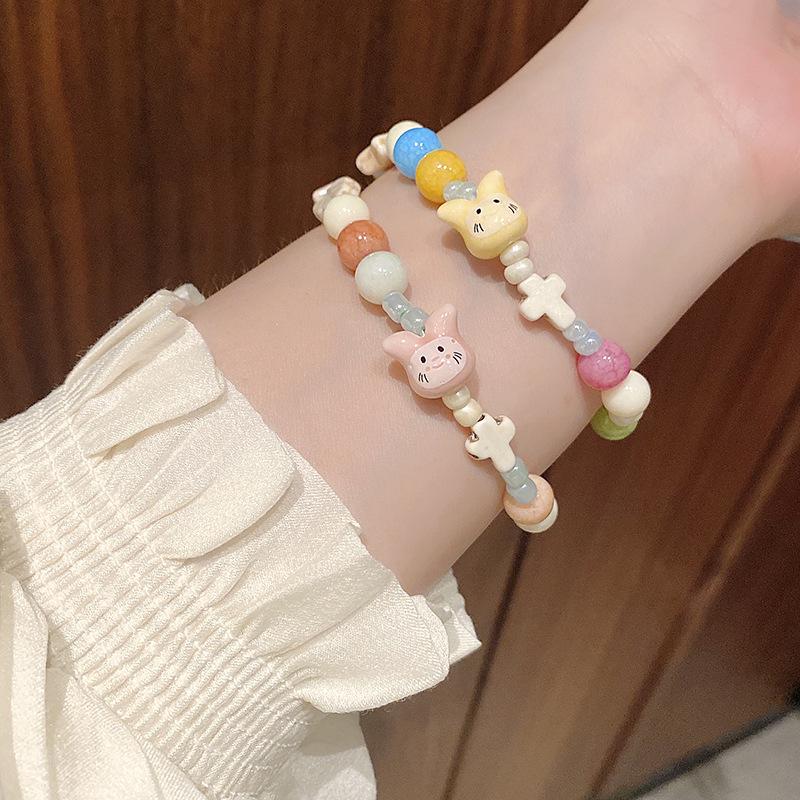 Браслет с милым кроликом пастельных цветов для женщин - Керамический браслет с бусинами для лучшей подруги, Устойчивый к выцветанию