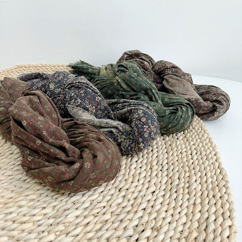 Retro Floral Long Cotton Scarf Soft Neck Protection Warm Triangle Shawl Head Wrap Multi-Functional Print Design for All Ages