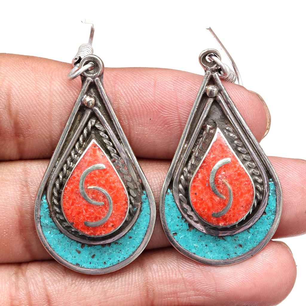 Nepali Tibetan Turquise Lapis Lazuli Gemstone Silver Jewelry Earring 1.5''