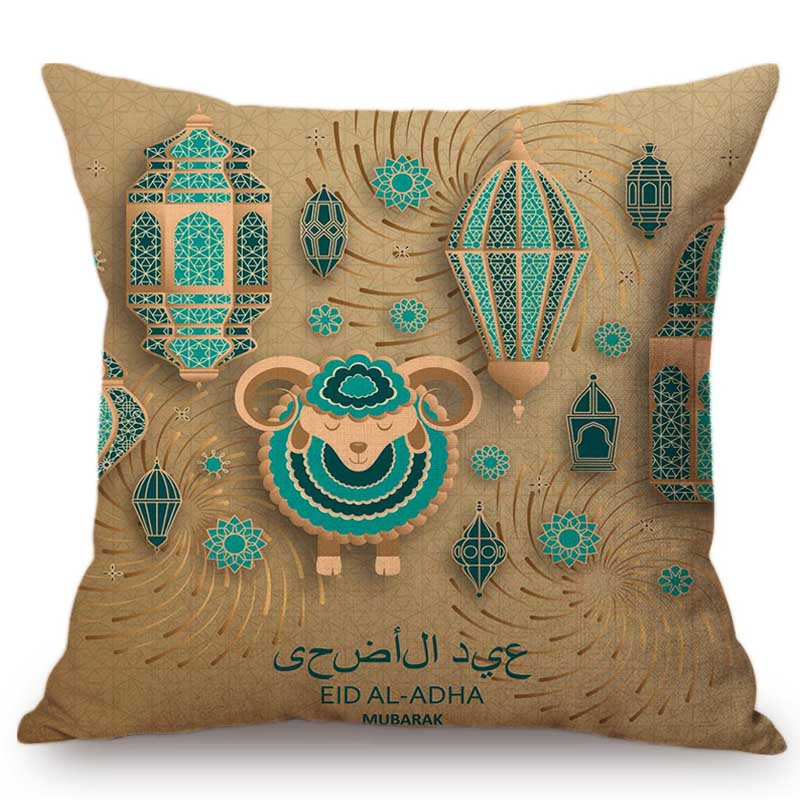 Muslim Arabic Eid Al Adha Mubark Decorative Pillow Case Black Marble Blue Brown Islamic Lantern Ornamental Design Cushion Cover