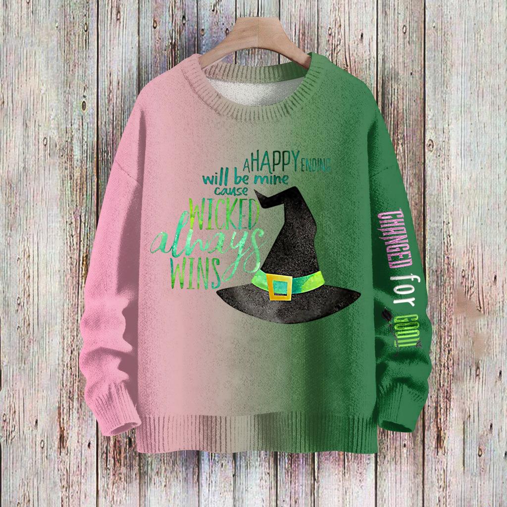 Женский модный повседневный шерстяной трикотажный топ с круглым вырезом и длинным рукавом с принтом, свободный трикотажный топ