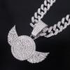 New Alloy Full Rhinestone Round Tag Wing Pendant Necklace, Men High-end Rap Hip Hop Fashion Jewelry