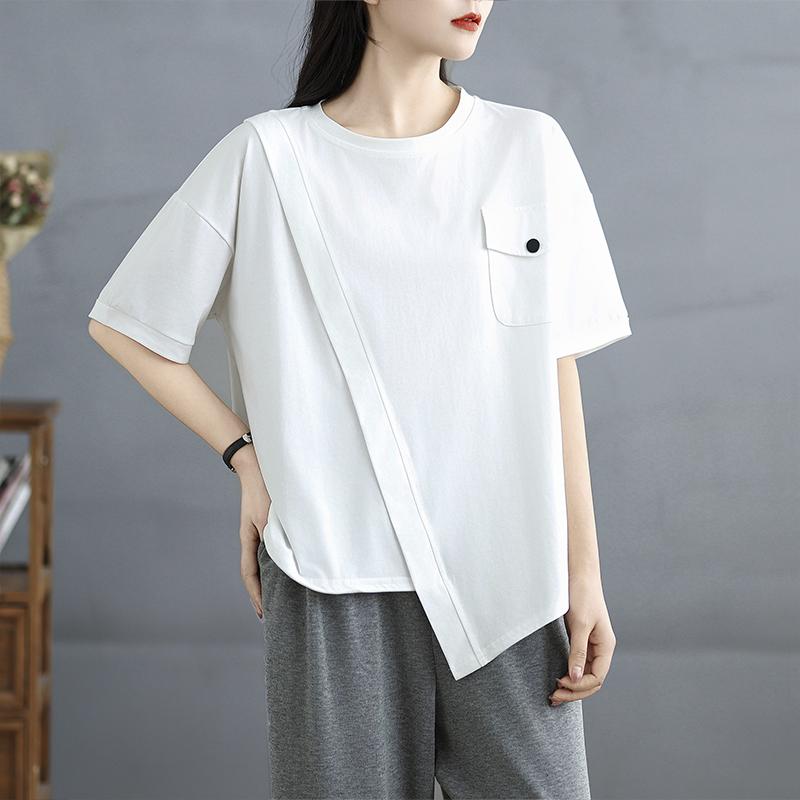 DIMANAF 2025 Новая Летняя Женская Футболка Большого Размера с Круглым Вырезом, Коротким Рукавом, Свободного Кроя, Базовые Повседневные Топы, Асимметричная Футболка