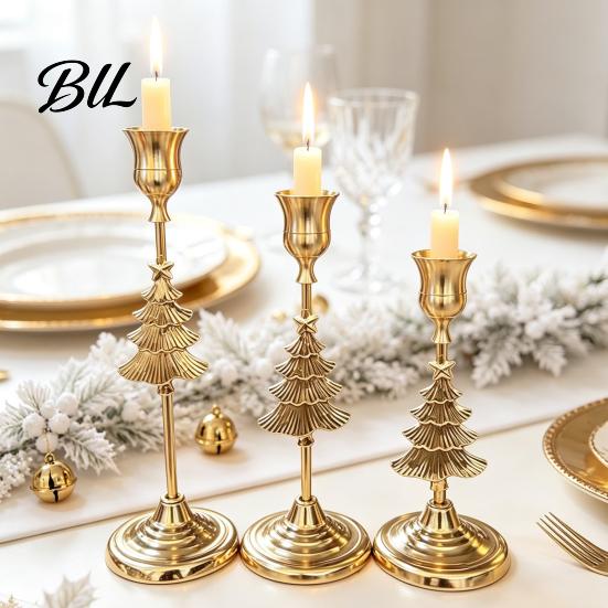 Holiday Home Decor Ornaments 3Pcs Christmas Tree/Snowflake Taper Candle Holders, 3 Size Gold Candlestick Vintage Metal Holders Decorative Xmas Holder