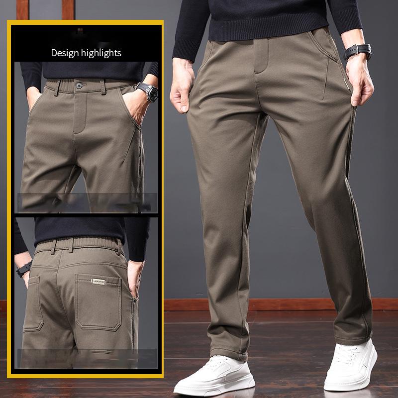 Men's Casual Pants Autumn Winter Loose Straight Leg Thick Fleece Belt Light Business Trousers Warm Comfortable Fit