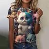 Summer Round Neck 3D Cartoon Cute Cat Print Top Fashionable Casual Short Sleeved Women's T-shirts