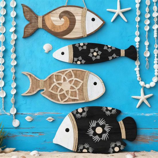 4Pcs/Set Nautical Wooden Fish Wall Decoration Farmhouse Rustic Fish Wall Art Sculpture Home Living Room Bathroom Wall Decorative Sign