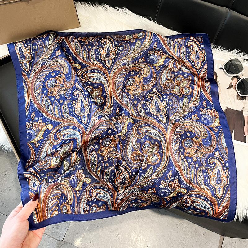 71Cm silk scarf women's high-end sense European and American hot-selling printed fashion scarf retro paisley cashew flower satin square scarf