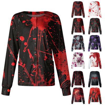 Женский кардиган с принтом на Хэллоуин, повседневный, с длинными рукавами, на пуговицах, рабочая униформа