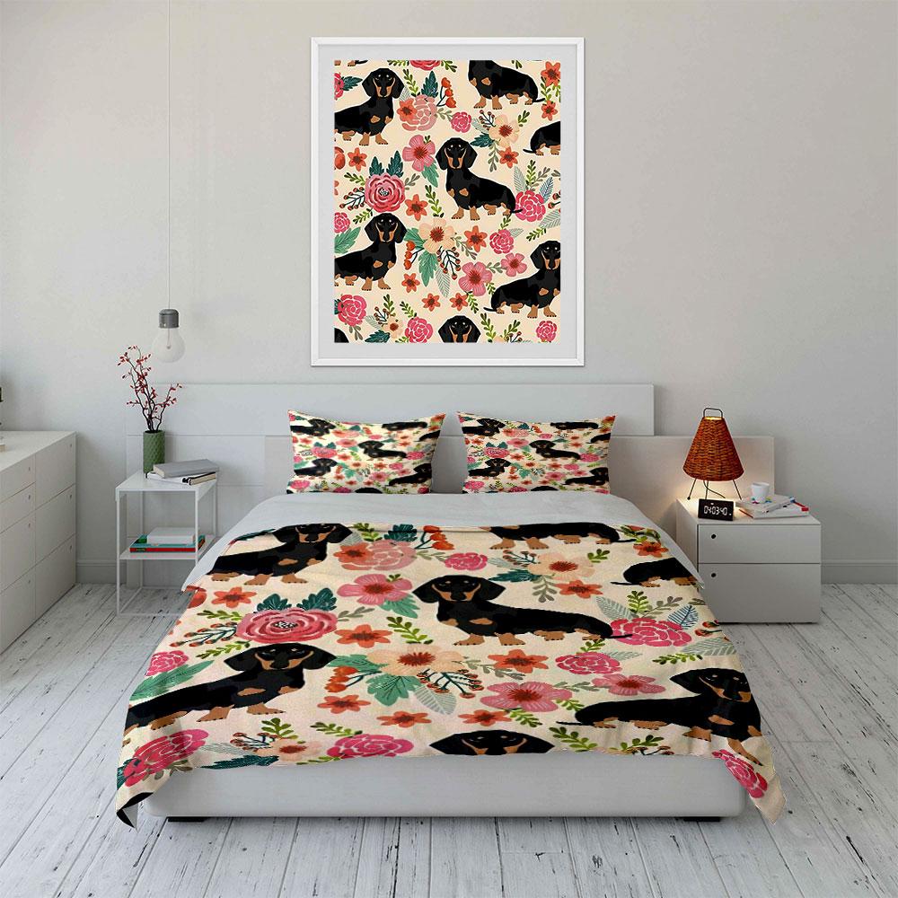 Dachshund Floral Bedding Set Bedding Duvet Cover Set Duvet Cover Pillowcases  (1 * Duvet Cover 2 * Pillowcases, without duvet insert)