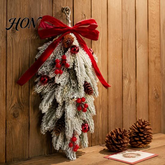 Red White Holiday Decorations Flocked Christmas Teardrop Swag for Front Door, Artificial Pine with Wreaths Berries Velvet Bow, Snowy Winter
