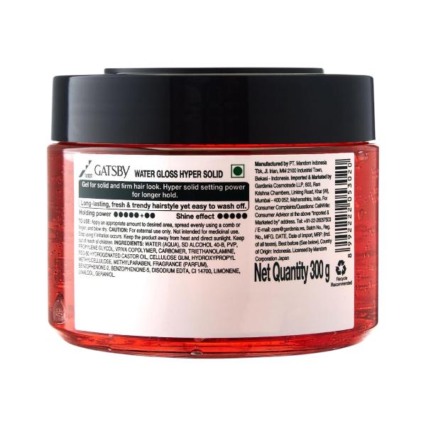 Gatsby Гель для волос Water Gloss Hyper Solid для мужчин, 300 г, Стайлинг с эффектом мокрых волос, Уровень 7 Сильная фиксация, Не липкий, Легко смывается, Блестящий финиш