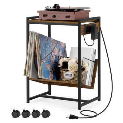 Подставка для проигрывателя с тумбочкой для хранения винила, 2-ярусный стол для проигрывателя с зарядной станцией для гостиной, спальни
