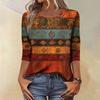 Trendy Vintage 3/4 Sleeve Top For Women,Ladies Casual Three Quarter Sleeve Round Collar Printed T-Shirt Blouse