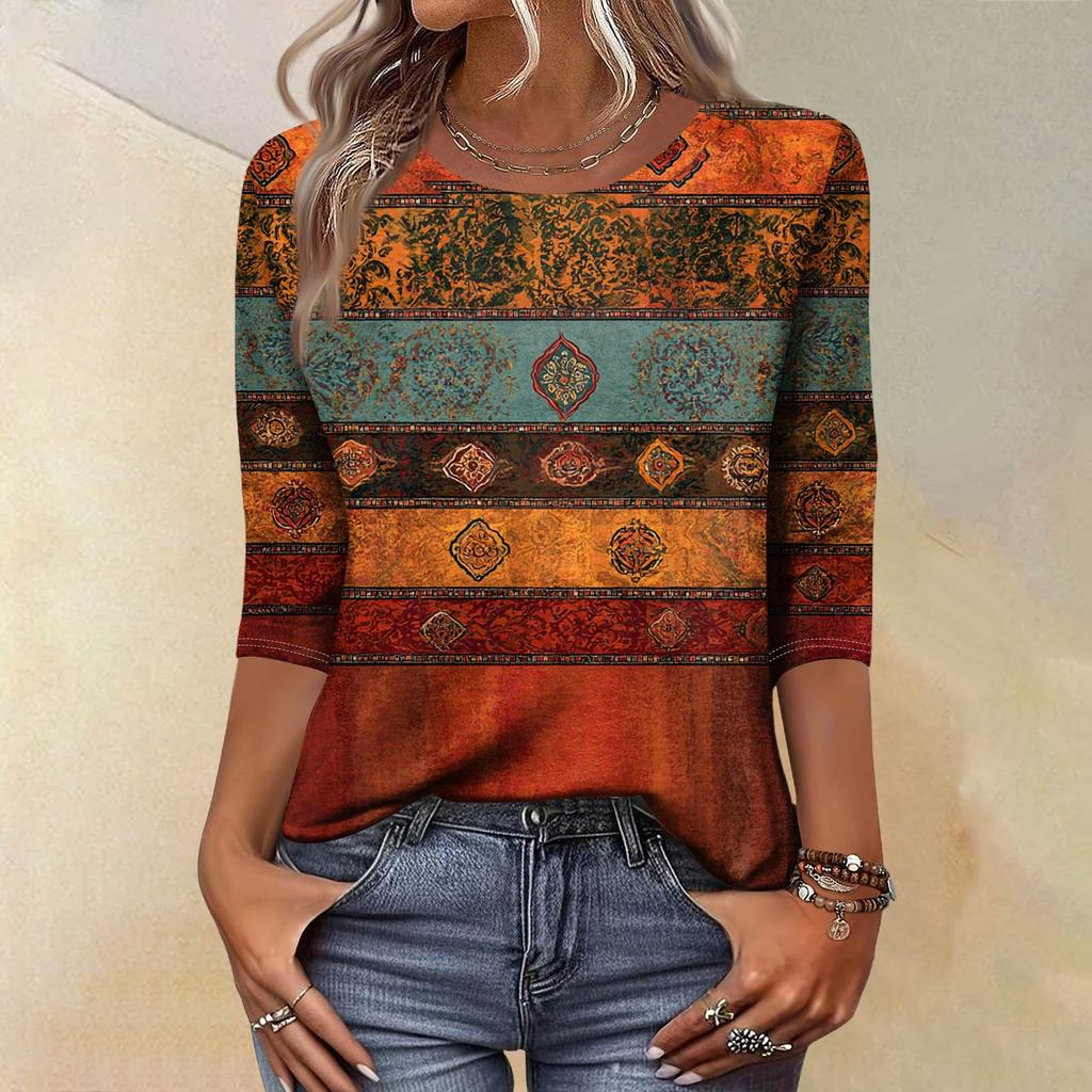 Trendy Vintage 3/4 Sleeve Top For Women,Ladies Casual Three Quarter Sleeve Round Collar Printed T-Shirt Blouse