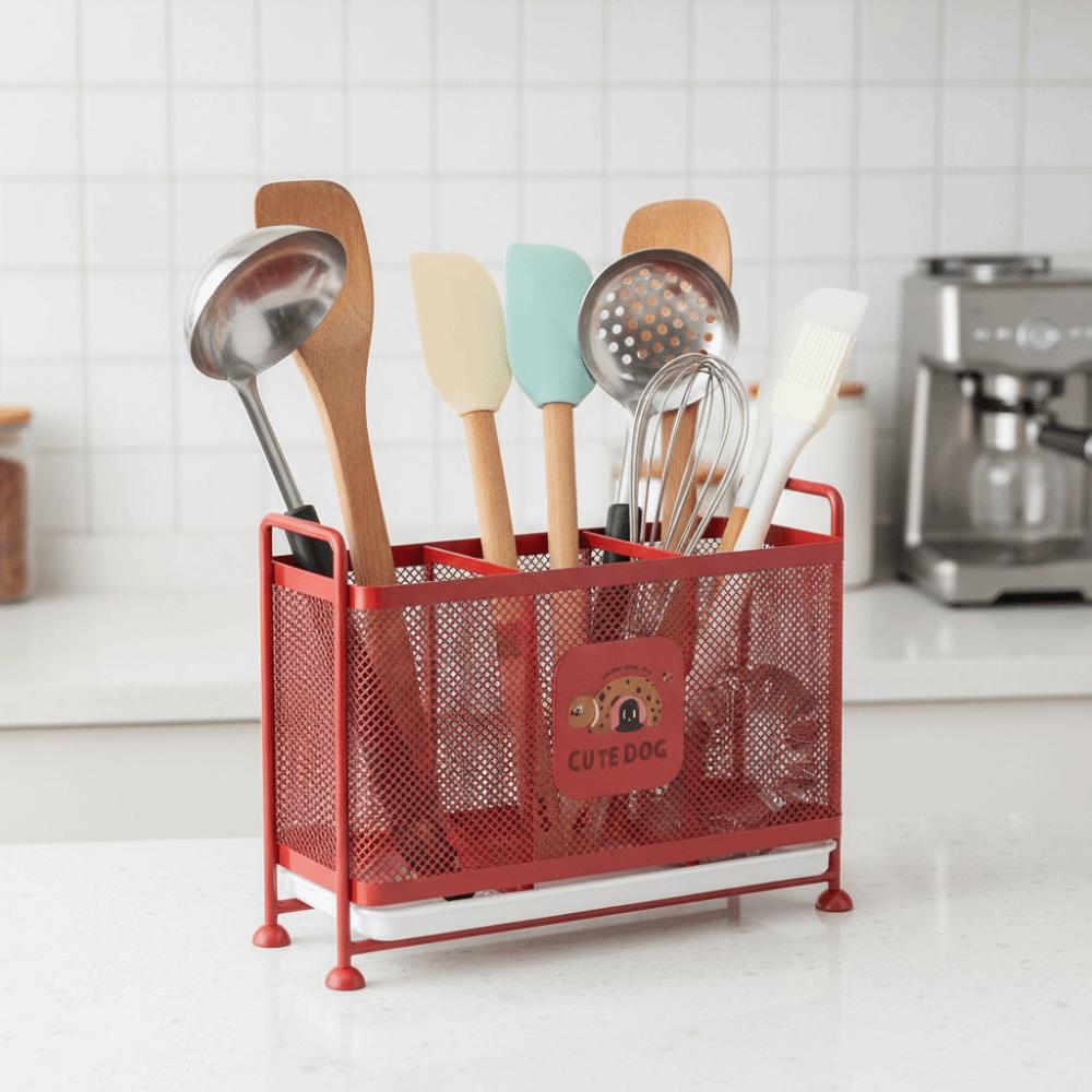 3 Grid Cutlery Drain Rack with Drip Tray Kitchen Utensil Storage Basket Spoon Fork