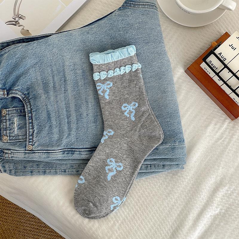 Женские носки, Модные носки с кружевом и бантом для весны и лета, Дышащие и влагоотводящие трендовые носки средней длины