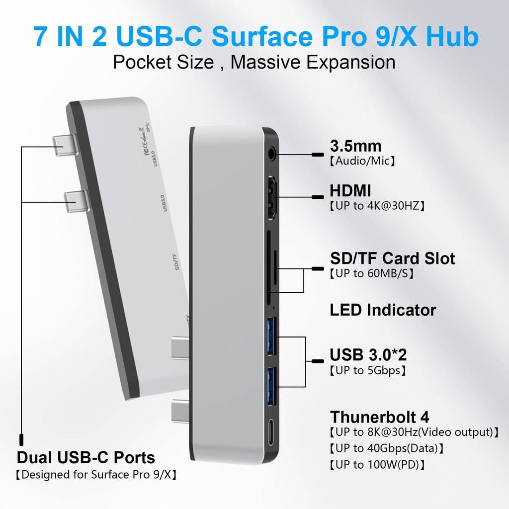 Хаб-расширитель для Surface Pro 9 4K HDMI USB C Thunderbolt 4 PD Зарядка 2 порта USB Аудио Картридер Специальная док-станция для Microsoft Surface Pro 9