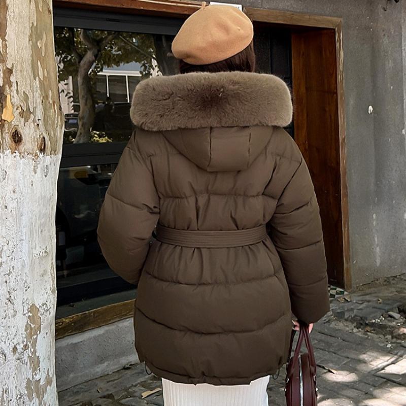 Большая меховая воротниковая куртка из хлопка с поясом для женщин Зимнее приталенное толстое милое пальто