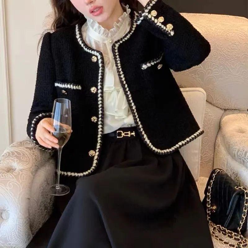 Women Sweet Vintage Tweed Jacket Elegant French Cropped Coat Casual Long Sleeve Simple All Match Retro Female Outwear Tops