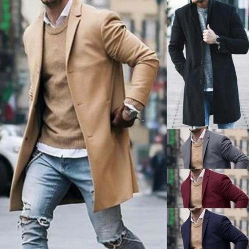 Autumn and Winter New Solid Color Men's Medium and Long Woolen Coat Slim-fit Large Size Single-breasted Trench Coat