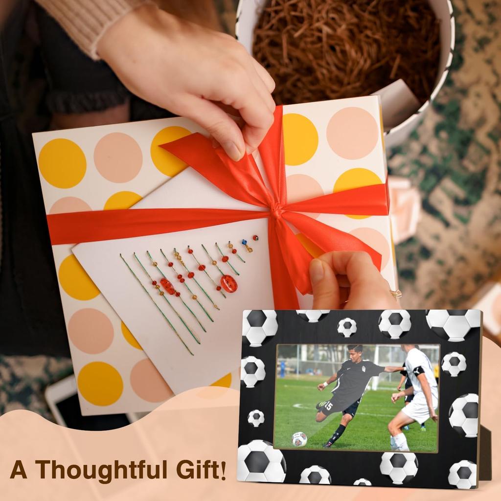 Soccer Balls Wooden Picture Frame, Birthday Gifts for Team Players Coach Brother Friends, Black and White Soccer Picture Frame Fits 4x6 Inch Photo,