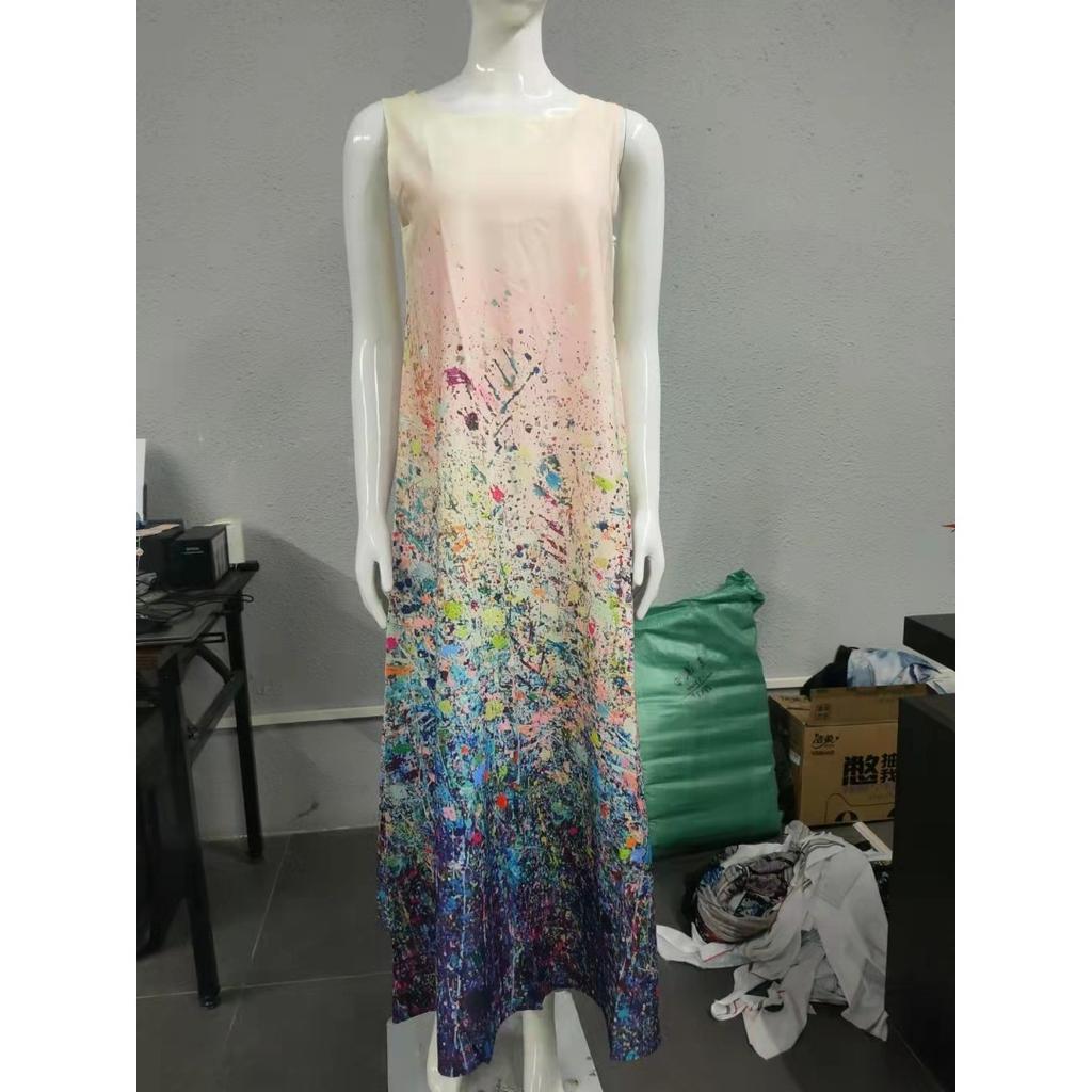 GMXIA Summer Positioning Flower Round Neck Sleeveless Loose Print Dress Long Skirt Women