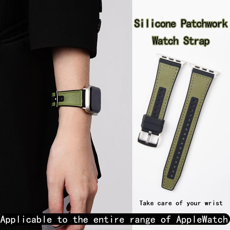 Ремешок для часов силиконовый + кожаный ремешок для Apple Watch Band Ultra 44 мм 45 мм 41 40 мм 49 мужской спортивный ремень женский ремешок для iWatch Series 8 7 9