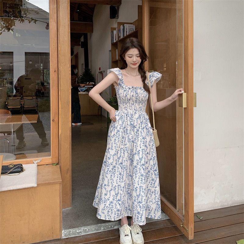 Женское летнее платье-майка с цветочным принтом и рукавами-крылышками - Облегающий крой, Длинное платье без рукавов