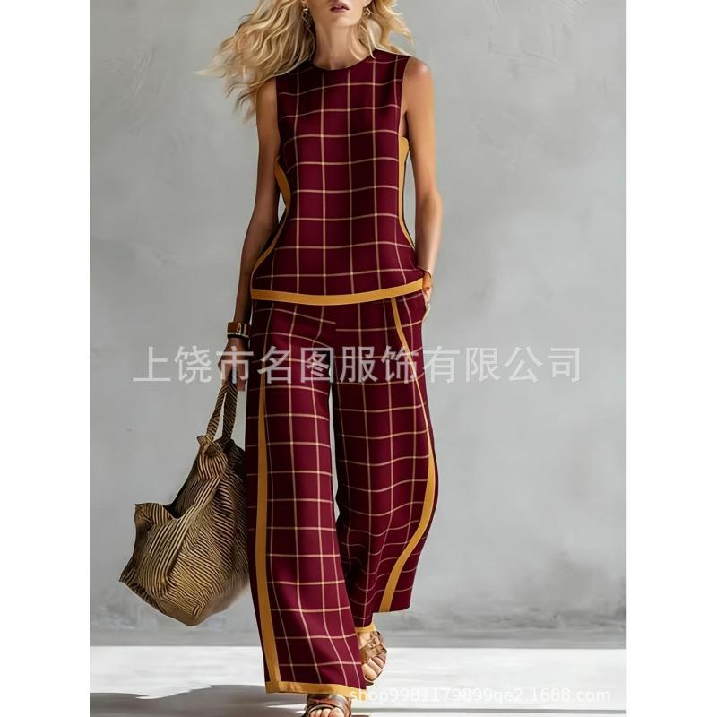 European, American Bohemian fashion contrasting colors 1D digital printing printing retro casual top set