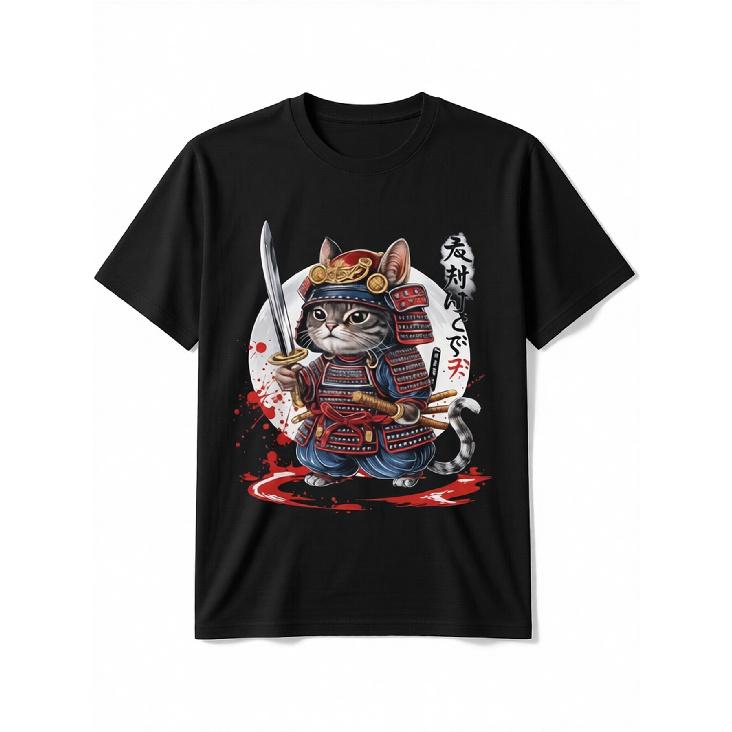 Men'S Samurai Cat Ninja Graphic T-Shirt | Ultra-Soft 100%, Crew Neck, Slight Stretch, Breathable Summer Tee With Unique Japanese Warrior Cat Design,