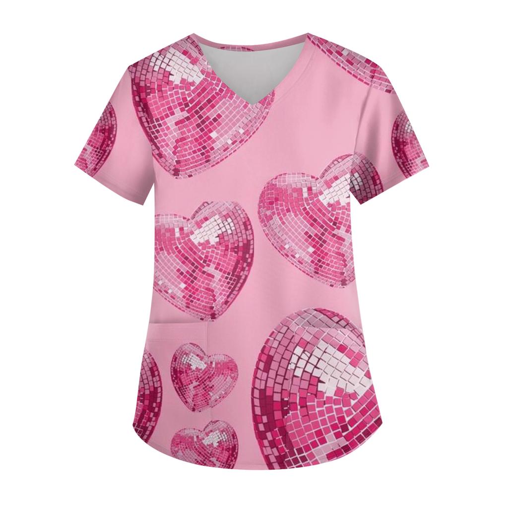 Женская модная футболка с V-образным вырезом, карманом и короткими рукавами с принтом ко Дню святого Валентина, униформа и топ для воспитателя