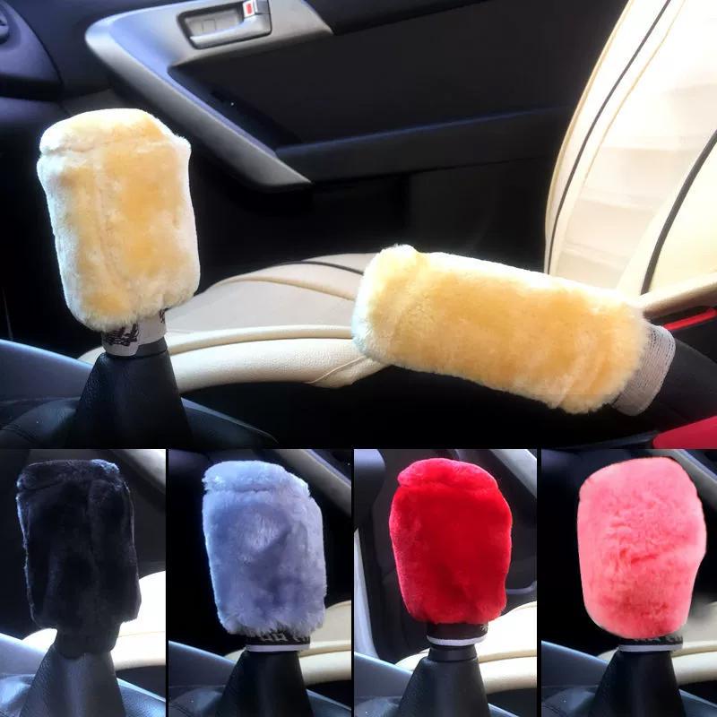 2Pcs Car Handbrake Grip Covers Gear Shift Knob Cover Handle Plush Sleeve Winter Soft Warm Hand Brake Car Accessories for Girls
