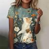 Футболка с рисунком цветов и листьев для женщин, мультяшный кот с 3D-принтом, короткие рукава, летняя футболка для отдыха, топы с круглым вырезом, футболки